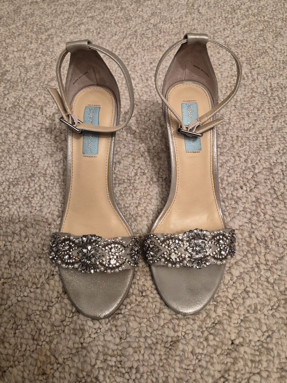 Betsey Johnson Silver Crystal Embellished Open Toe Ankle-Strap Heels